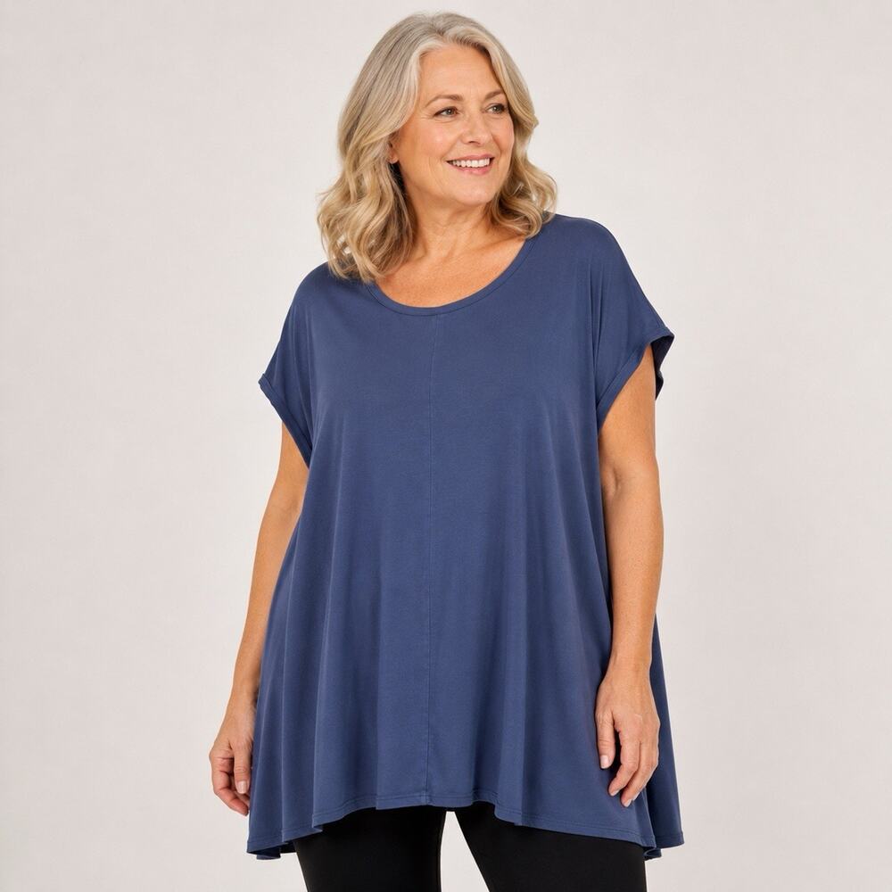 Eileen Fisher 1X Tunic Dark Blue Fine Stretch Jersey Knit Crew Neck Cap Sleeves